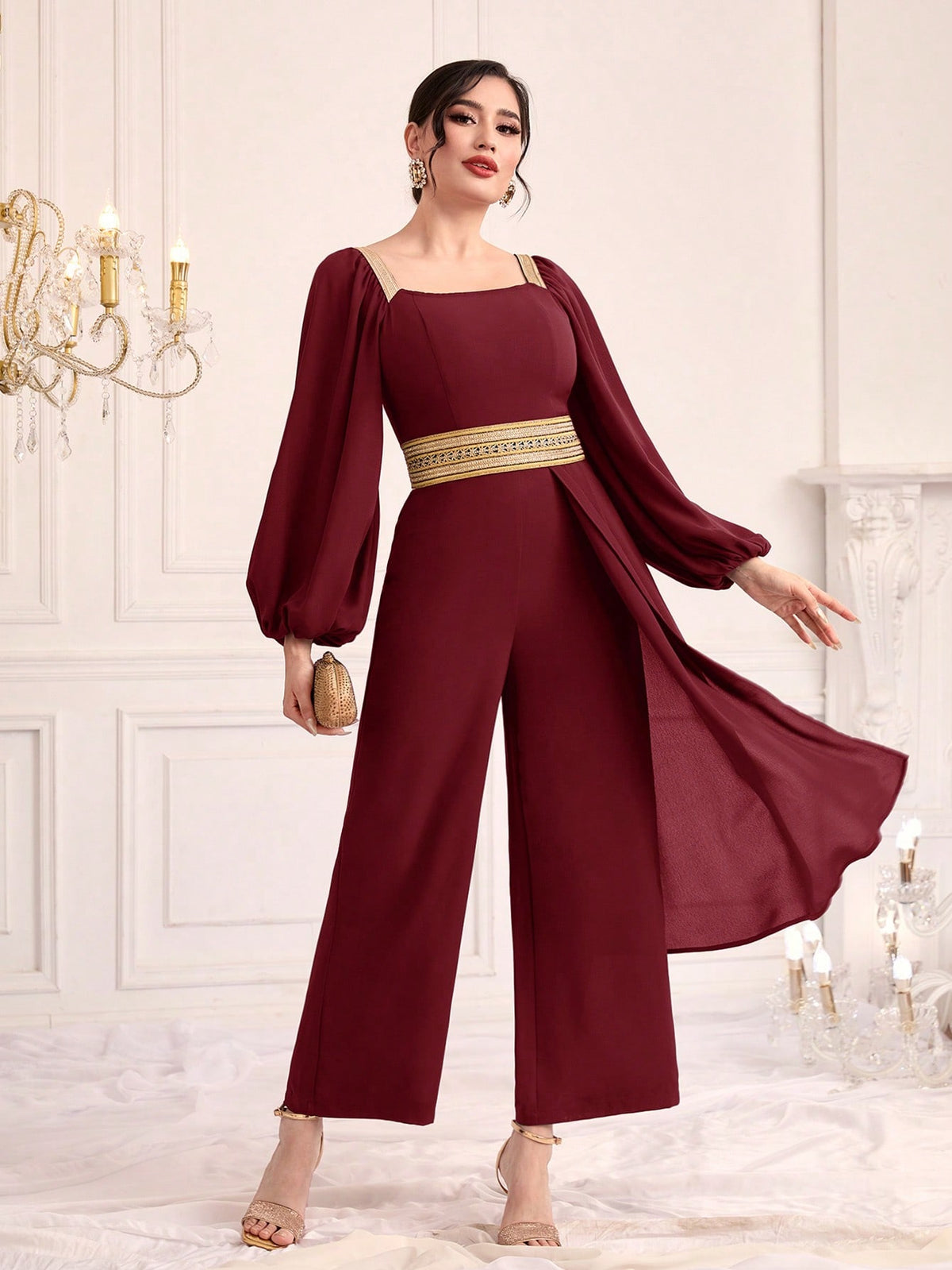 Women's Lantern Sleeve Weave Belt Patchwork Jumpsuit