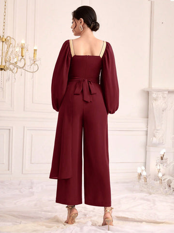 Women's Lantern Sleeve Weave Belt Patchwork Jumpsuit