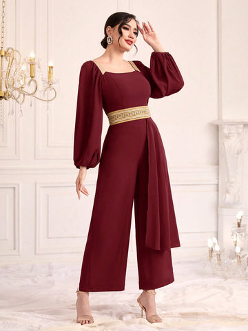 Women's Lantern Sleeve Weave Belt Patchwork Jumpsuit