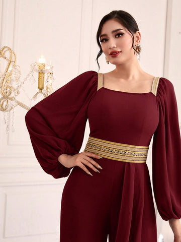 Women's Lantern Sleeve Weave Belt Patchwork Jumpsuit