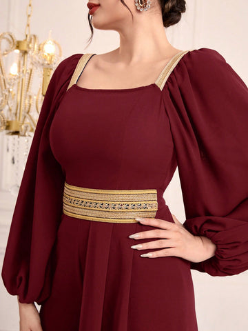 Women's Lantern Sleeve Weave Belt Patchwork Jumpsuit