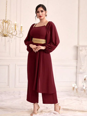 Women's Lantern Sleeve Weave Belt Patchwork Jumpsuit