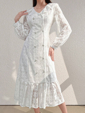 Women's Lapel Double-Breasted Casual Long Sleeve Dress With Ruffle Trim