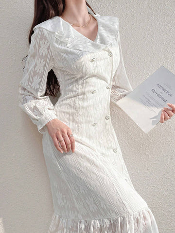 Women's Lapel Double-Breasted Casual Long Sleeve Dress With Ruffle Trim