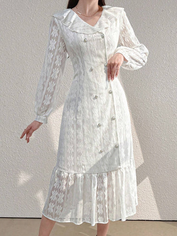 Women's Lapel Double-Breasted Casual Long Sleeve Dress With Ruffle Trim