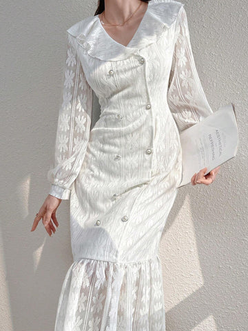 Women's Lapel Double-Breasted Casual Long Sleeve Dress With Ruffle Trim