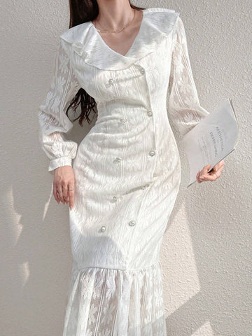 Women's Lapel Double-Breasted Casual Long Sleeve Dress With Ruffle Trim
