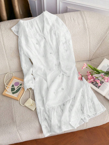 Women's Lapel Double-Breasted Casual Long Sleeve Dress With Ruffle Trim