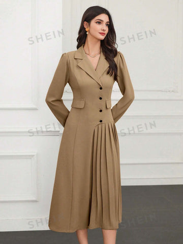 Women's Lapel Neck Single-Breasted Pleated Hem Long Sleeve Dress