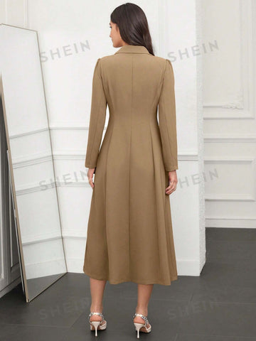 Women's Lapel Neck Single-Breasted Pleated Hem Long Sleeve Dress