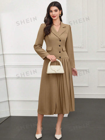 Women's Lapel Neck Single-Breasted Pleated Hem Long Sleeve Dress
