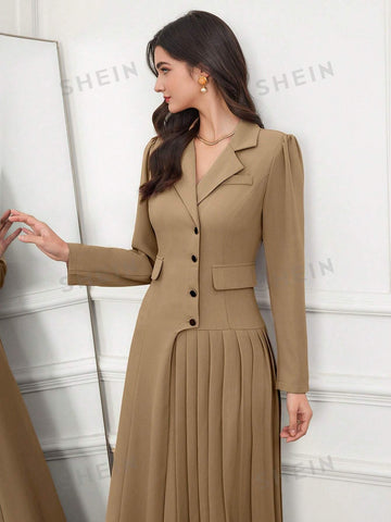 Women's Lapel Neck Single-Breasted Pleated Hem Long Sleeve Dress