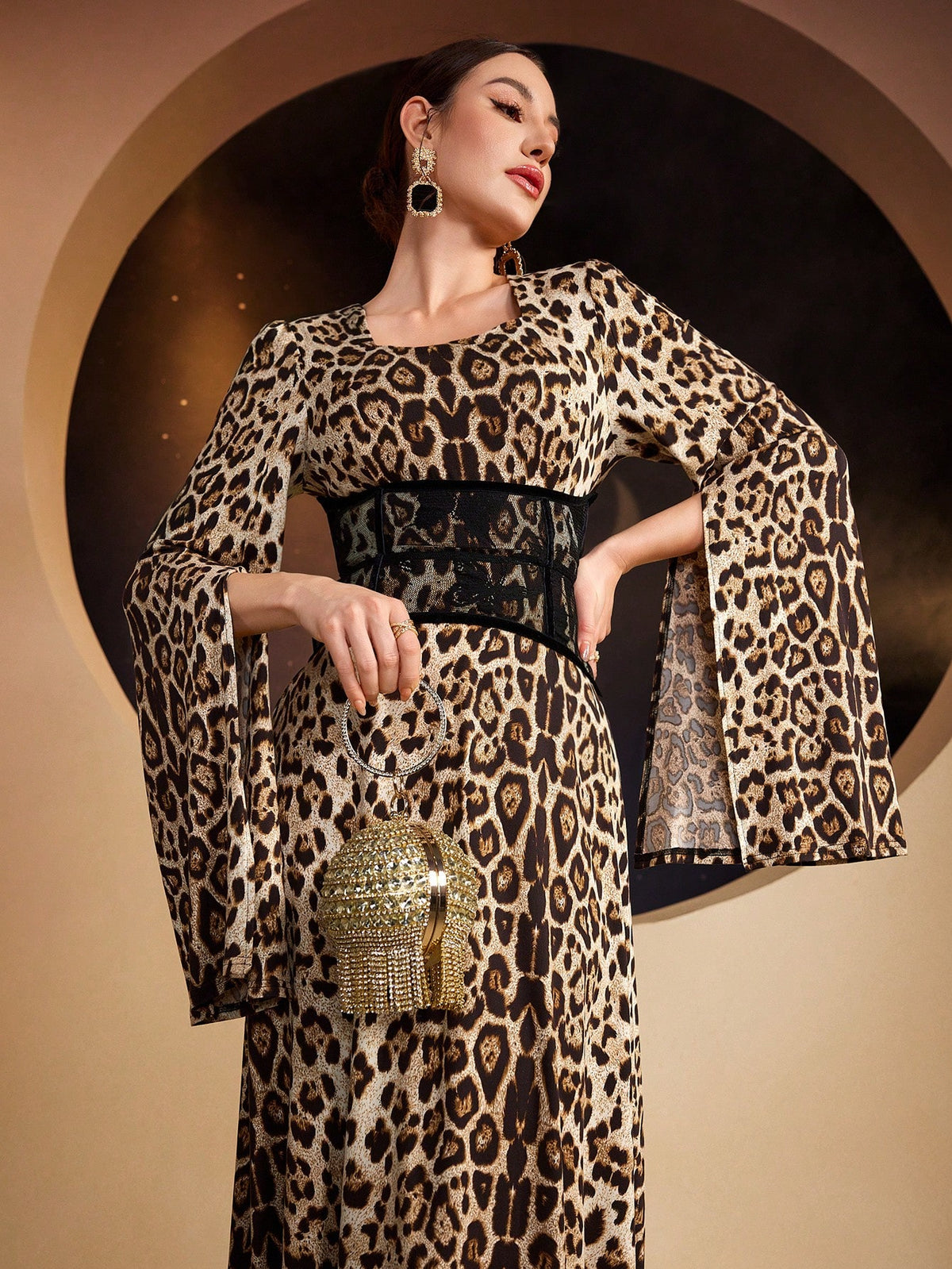 Women's Leopard Print Cape Sleeve Dress