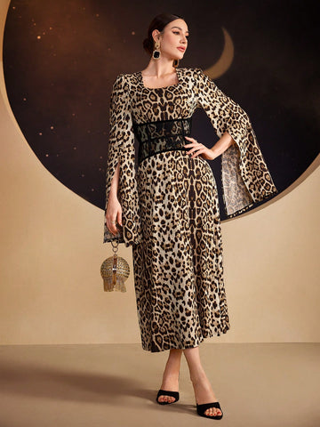 Women's Leopard Print Cape Sleeve Dress
