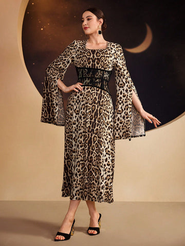 Women's Leopard Print Cape Sleeve Dress