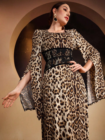 Women's Leopard Print Cape Sleeve Dress