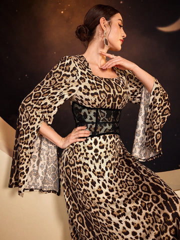 Women's Leopard Print Cape Sleeve Dress