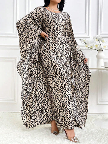 Women's Leopard Print Crew Neck Elegant Long Sleeve Dress