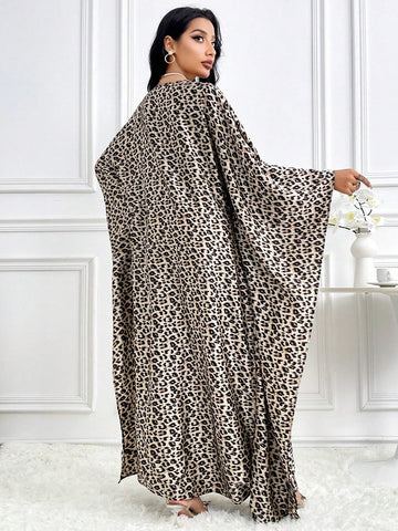 Women's Leopard Print Crew Neck Elegant Long Sleeve Dress