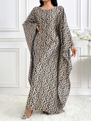Women's Leopard Print Crew Neck Elegant Long Sleeve Dress