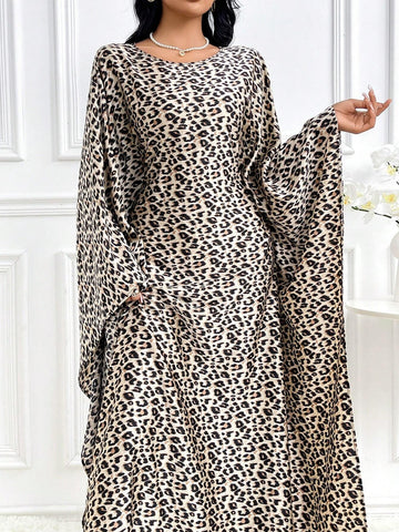 Women's Leopard Print Crew Neck Elegant Long Sleeve Dress