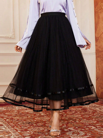 SHEIN Modely Women's Mesh Tulle A-Line Midi Skirt