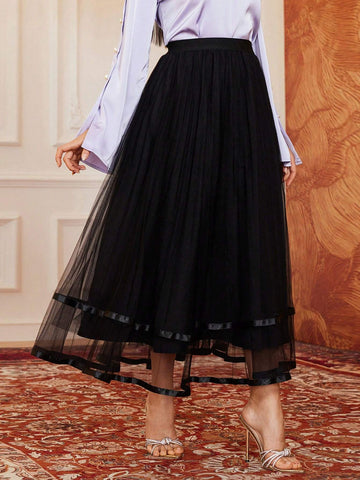 SHEIN Modely Women's Mesh Tulle A-Line Midi Skirt