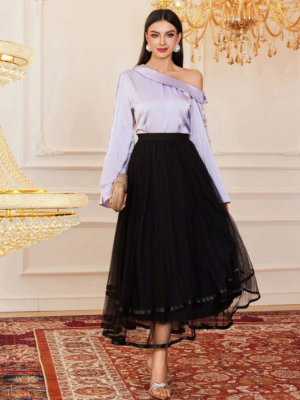 SHEIN Modely Women's Mesh Tulle A-Line Midi Skirt