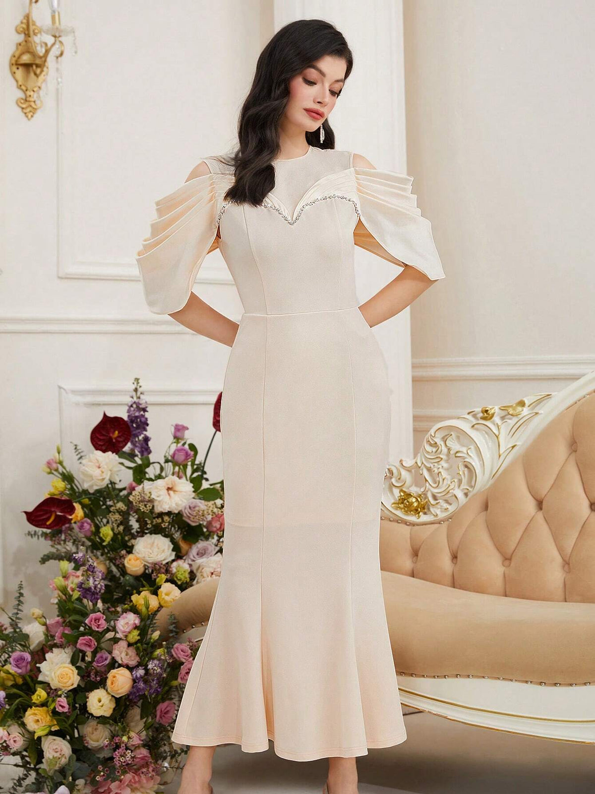 Women's Off-Shoulder Fishtail Dress With Shiny Rhinestone