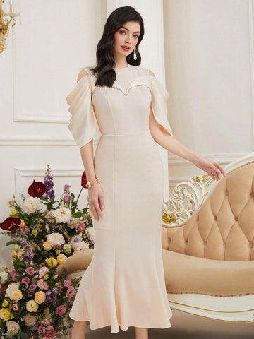 Women's Off-Shoulder Fishtail Dress With Shiny Rhinestone