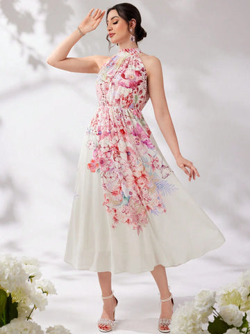 Women's Open Shoulder Simple Daily Dress With Random Print