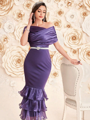 Women's Patchwork Mesh Off Shoulder Mermaid Hem Dress