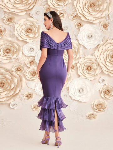 Women's Patchwork Mesh Off Shoulder Mermaid Hem Dress
