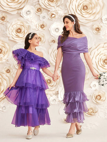 Women's Patchwork Mesh Off Shoulder Mermaid Hem Dress