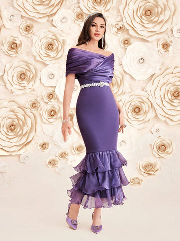 Women's Patchwork Mesh Off Shoulder Mermaid Hem Dress
