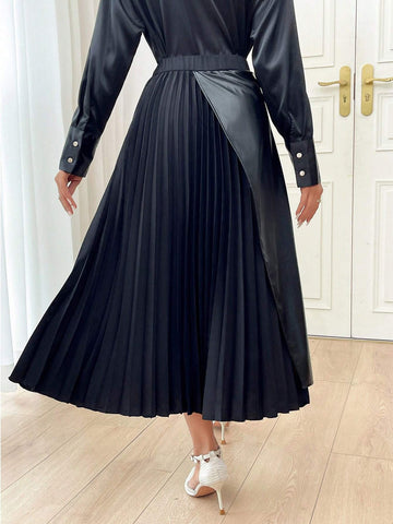 Modely Women's Patchwork PU Leather Pleated Skirt
