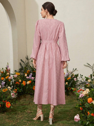 Women's Patchwork Ruffle Hem Lantern Sleeve Dress