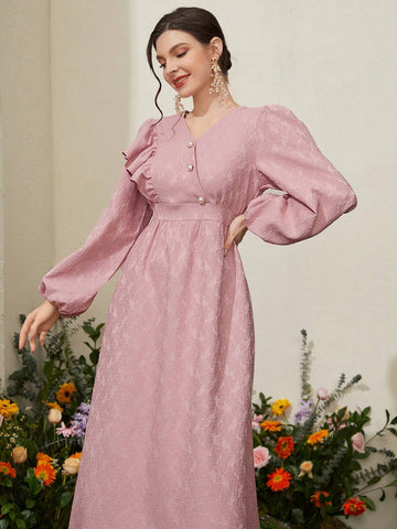 Women's Patchwork Ruffle Hem Lantern Sleeve Dress