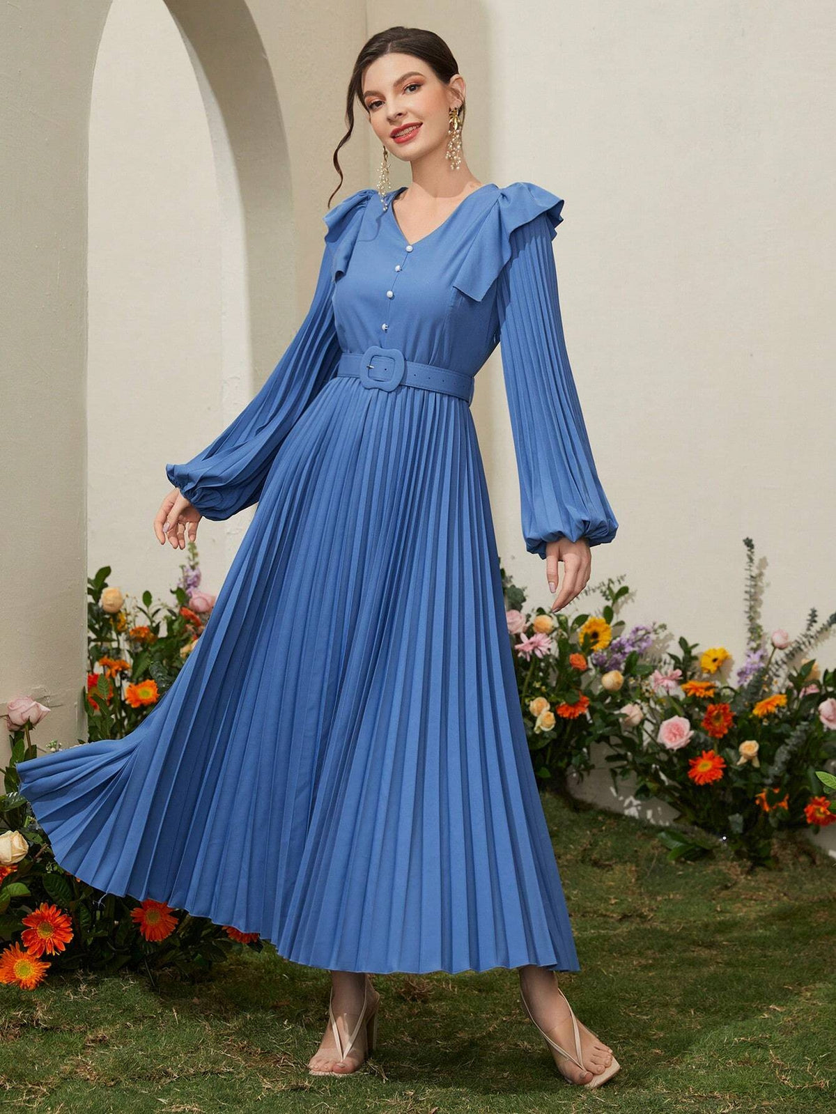Women's Patchwork Ruffle Lantern Sleeve Pleated Dress