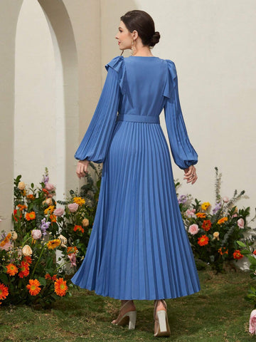 Women's Patchwork Ruffle Lantern Sleeve Pleated Dress