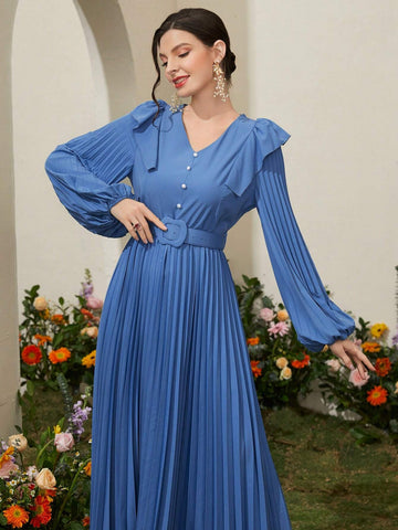 Women's Patchwork Ruffle Lantern Sleeve Pleated Dress
