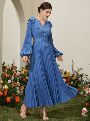 Women's Patchwork Ruffle Lantern Sleeve Pleated Dress