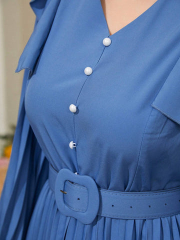 Women's Patchwork Ruffle Lantern Sleeve Pleated Dress