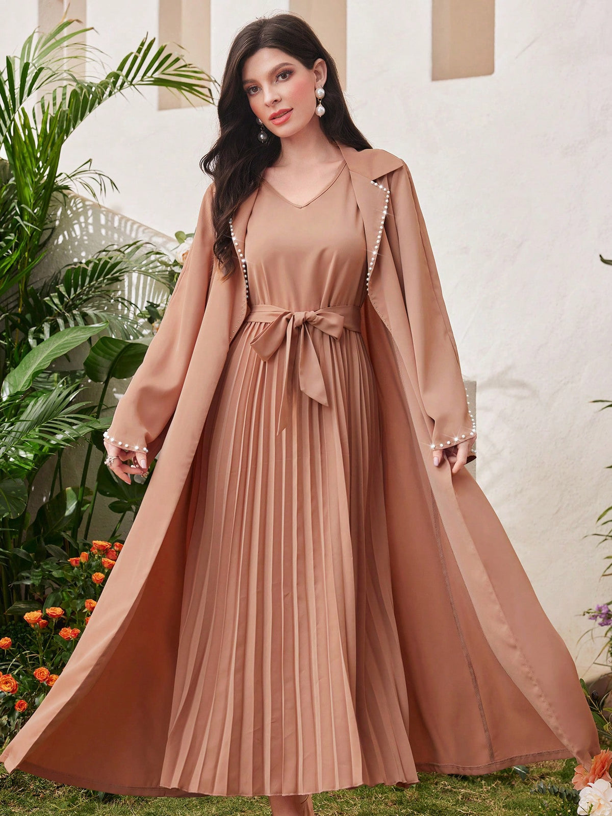 Women's Pearl Beaded Collar Long Sleeve Jacket And V-Neck Belted Pleated Dress Two-Piece Set