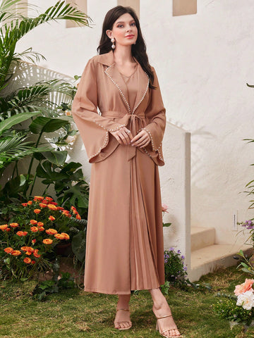 Women's Pearl Beaded Collar Long Sleeve Jacket And V-Neck Belted Pleated Dress Two-Piece Set