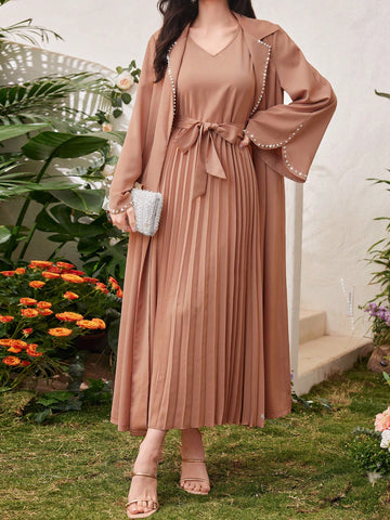 Women's Pearl Beaded Collar Long Sleeve Jacket And V-Neck Belted Pleated Dress Two-Piece Set