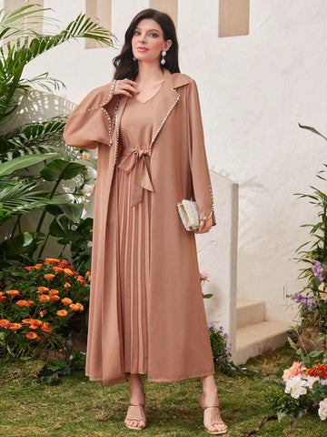 Women's Pearl Beaded Collar Long Sleeve Jacket And V-Neck Belted Pleated Dress Two-Piece Set