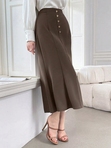 Modely Women's Plain Button Decor Casual Daily Wear Skirt