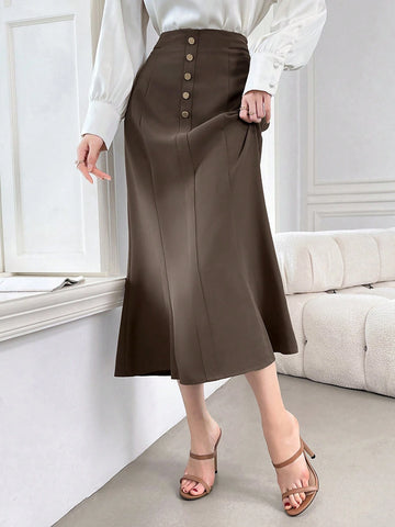 Modely Women's Plain Button Decor Casual Daily Wear Skirt