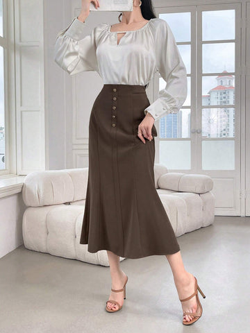 Modely Women's Plain Button Decor Casual Daily Wear Skirt